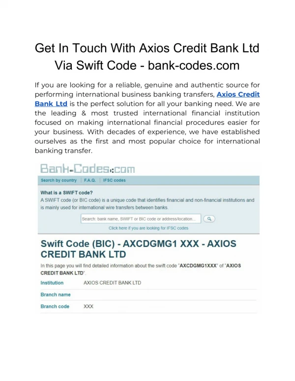 get in touch with axios credit bank ltd via swift