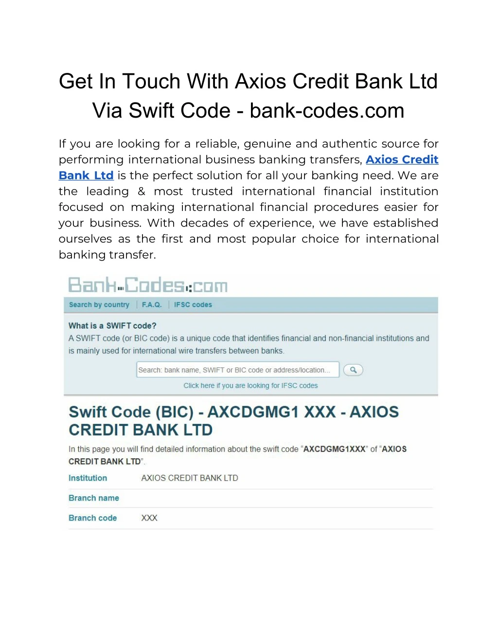 get in touch with axios credit bank ltd via swift