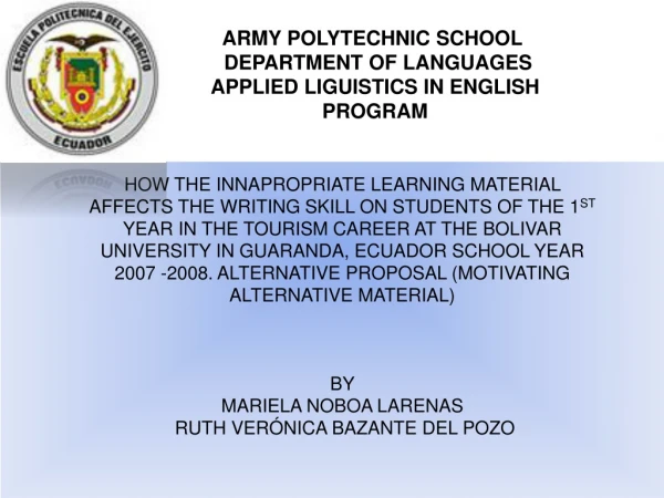 ARMY POLYTECHNIC SCHOOL   DEPARTMENT OF LANGUAGES APPLIED LIGUISTICS IN ENGLISH  PROGRAM