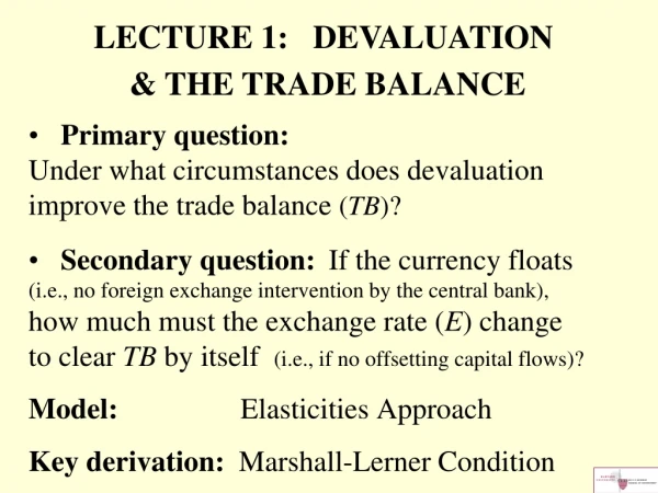 Primary question: Under what circumstances does devaluation  improve the trade balance  ( TB )?
