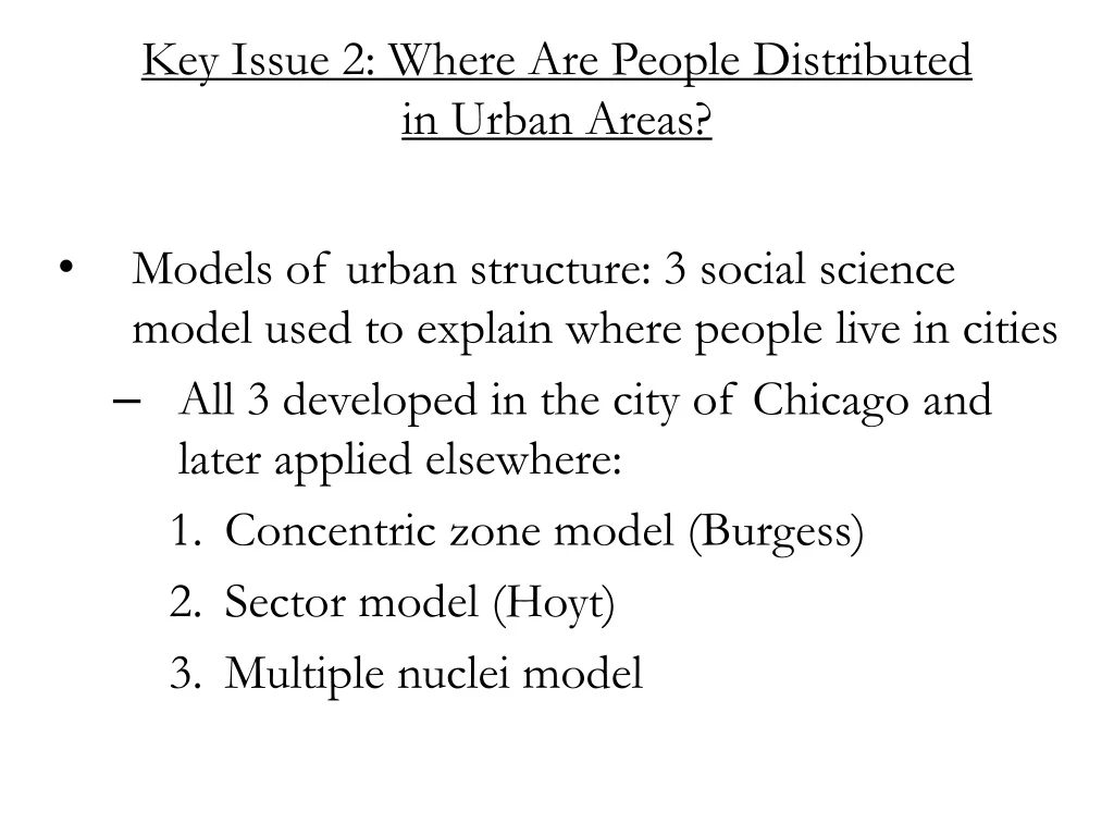 key issue 2 where are people distributed in urban areas