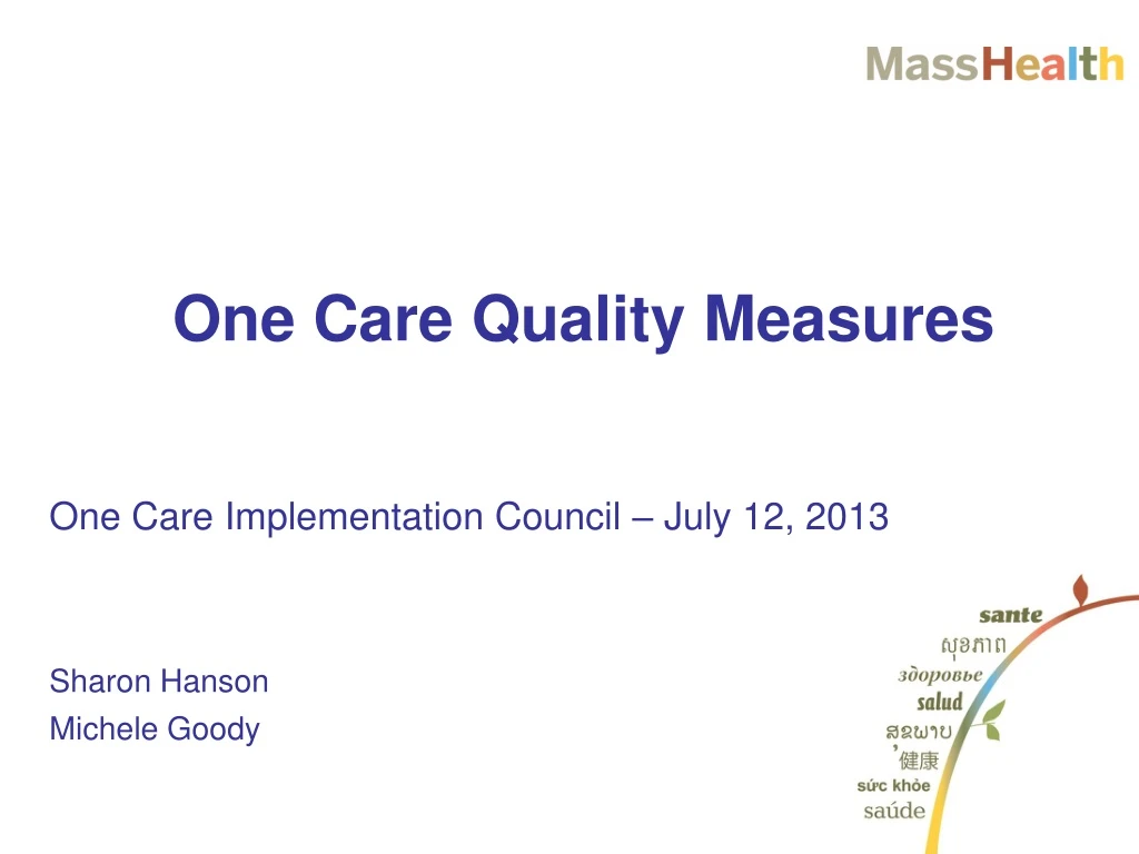 one care implementation council july 12 2013 sharon hanson michele goody