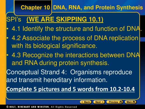 Chapter 10  DNA, RNA, and Protein Synthesis