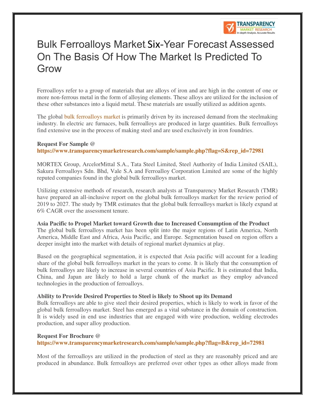 bulk ferroalloys market six year forecast