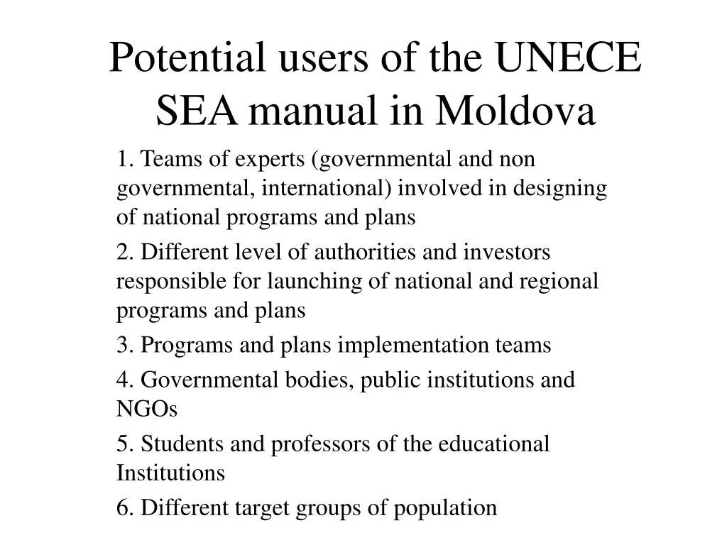 potential users of the unece sea manual in moldova