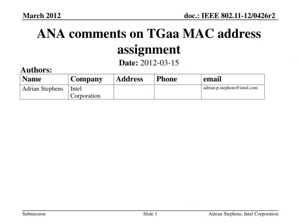 ANA comments on TGaa MAC address assignment