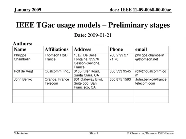 IEEE TGac usage models – Preliminary stages