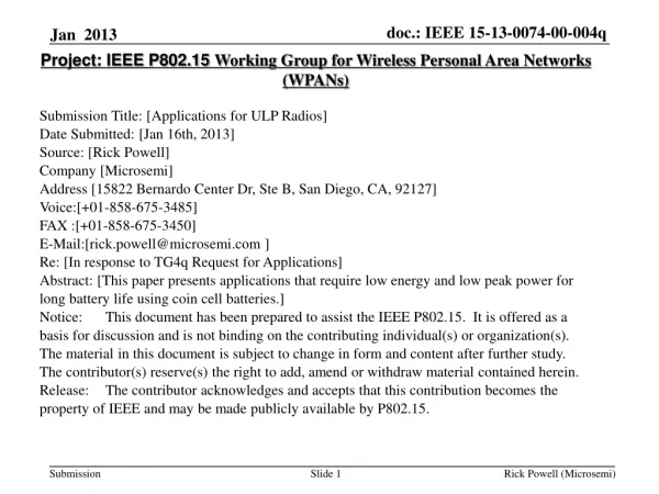 Project: IEEE P802.15  Working Group for Wireless Personal Area Networks (WPANs)