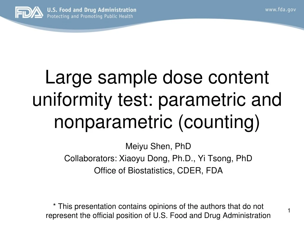 large sample dose content uniformity test parametric and nonparametric counting