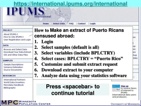 How to  Make an extract of Puerto Ricans  censused abroad : Login Select samples  (default is all)