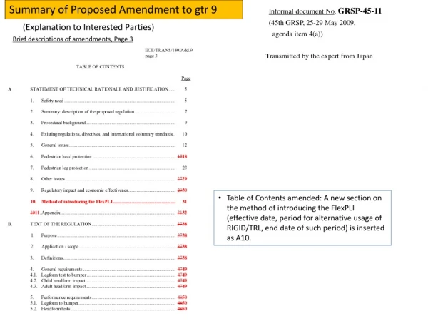 Summary of Proposed Amendment to gtr 9