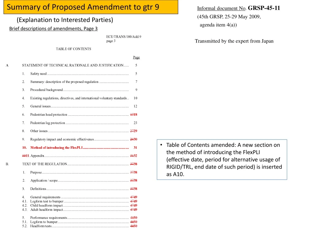 summary of proposed amendment to gtr 9