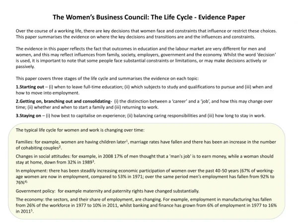 The Women’s Business Council:  The Life Cycle - Evidence Paper