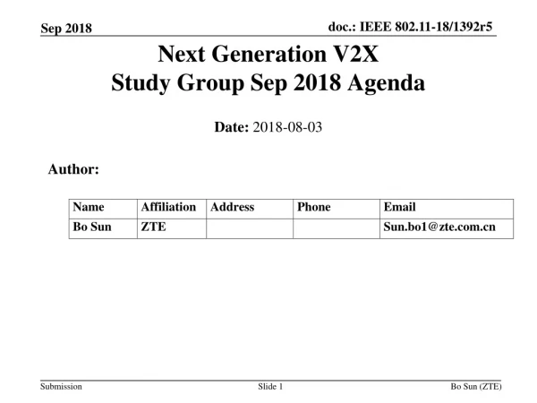 Next Generation V2X Study Group Sep 2018 Agenda