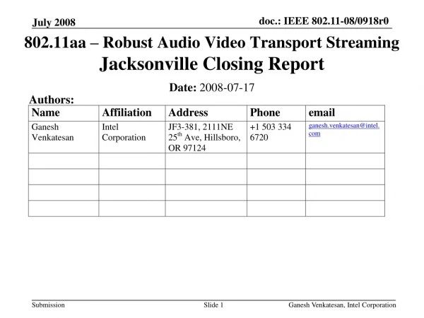 802.11aa – Robust Audio Video Transport Streaming  Jacksonville Closing Report