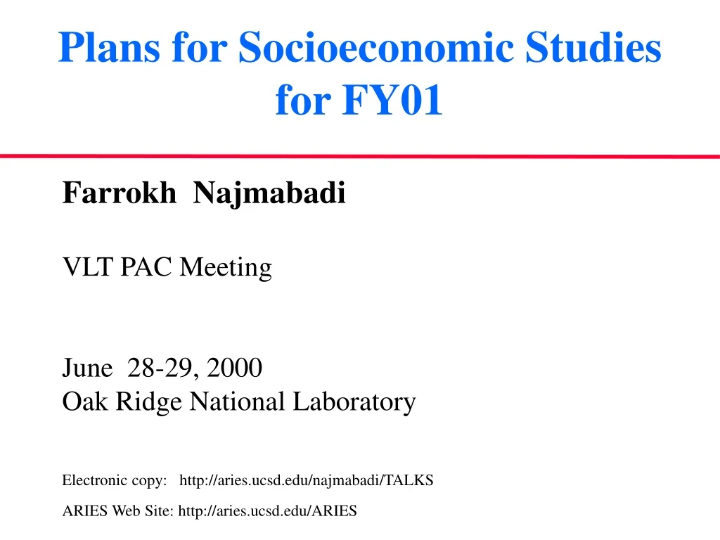 plans for socioeconomic studies for fy01