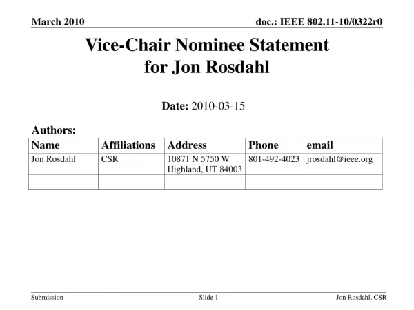 Vice-Chair Nominee Statement for Jon Rosdahl