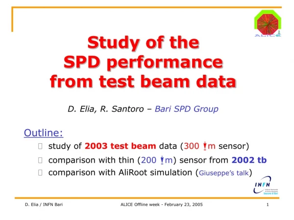 Study of the  SPD performance  from test beam data D. Elia, R. Santoro –  Bari SPD Group