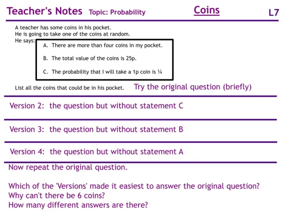 Teacher's Notes   Topic: Probability