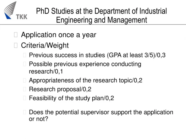 PhD Studies at the Department of Industrial Engineering and Management