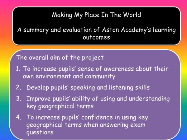 Making My Place In The World A summary and  evaluation of  Aston  Academy’s  learning outcomes