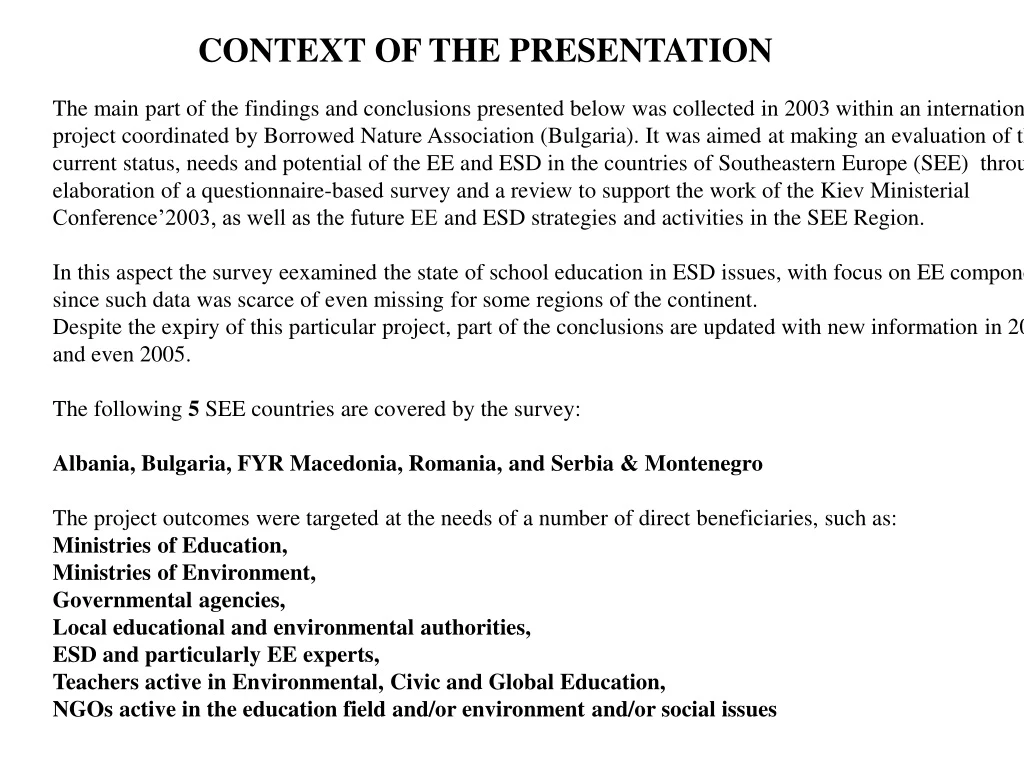 context of the presentation the main part