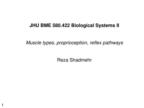 JHU BME 580.422 Biological Systems II Muscle types, proprioception, reflex pathways  Reza Shadmehr
