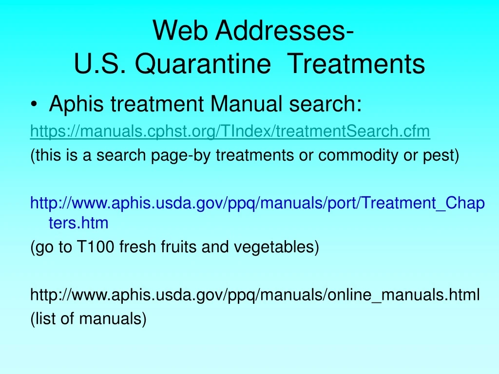 web addresses u s quarantine treatments