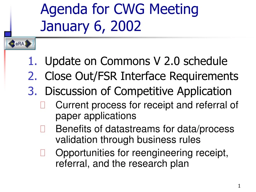 agenda for cwg meeting january 6 2002