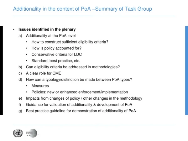 Additionality in the context of PoA –Summary of Task Group