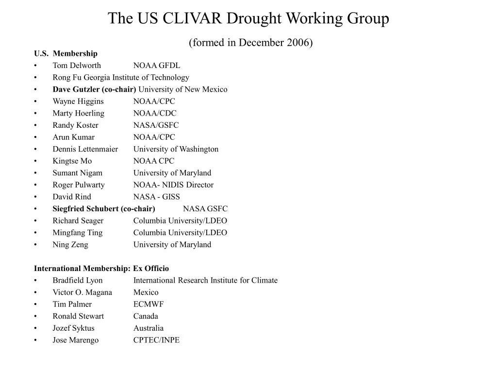 the us clivar drought working group formed in december 2006