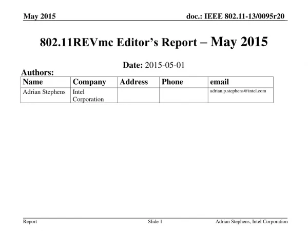 802.11REVmc Editor’s Report  – May 2015