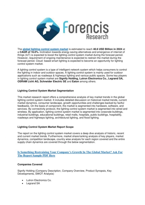 Lighting Control System Market Projected to Significant Growth During the Forecast Period of 2019-2024