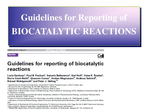 Guidelines for Reporting of  BIOCATALYTIC REACTIONS