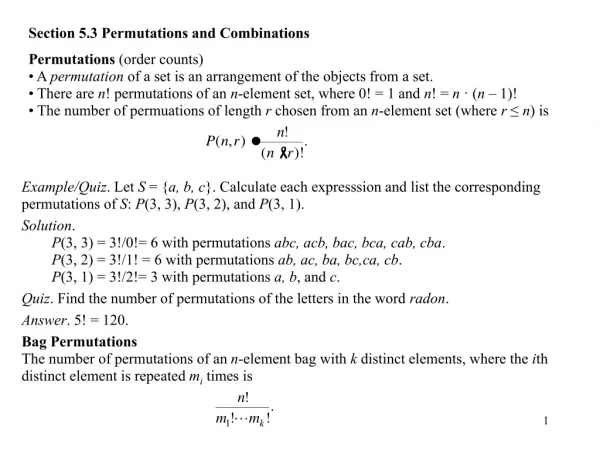 Section 5.3 Permutations and Combinations Permutations  (order counts)