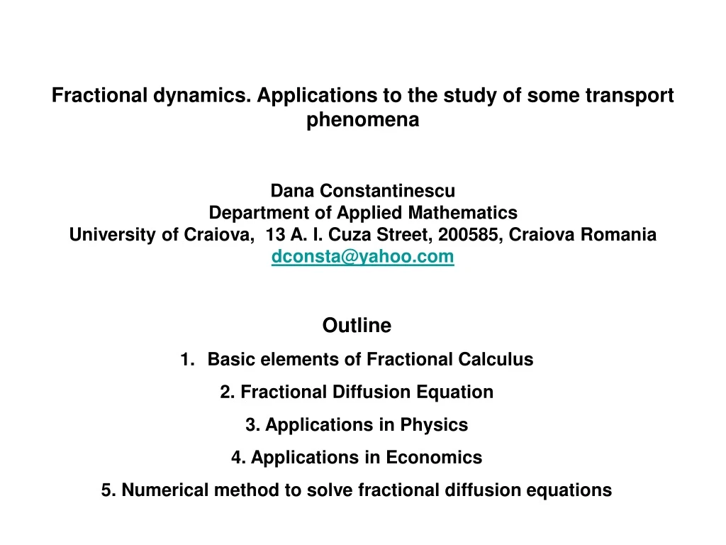 fractional dynamics applications to the study