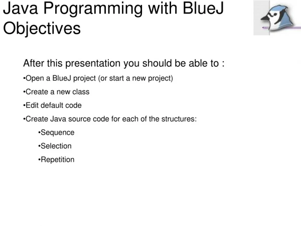 Java Programming with BlueJ Objectives