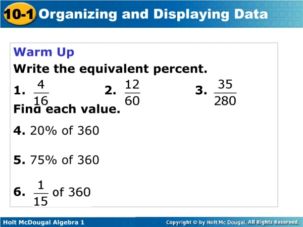 Warm Up Write the equivalent percent. 1. 2.  3.  Find each value. 4.  20% of 360 5.  75% of 360 6.