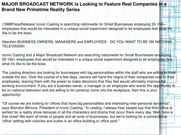 MAJOR BROADCAST NETWORK is Looking to Feature Real Companies