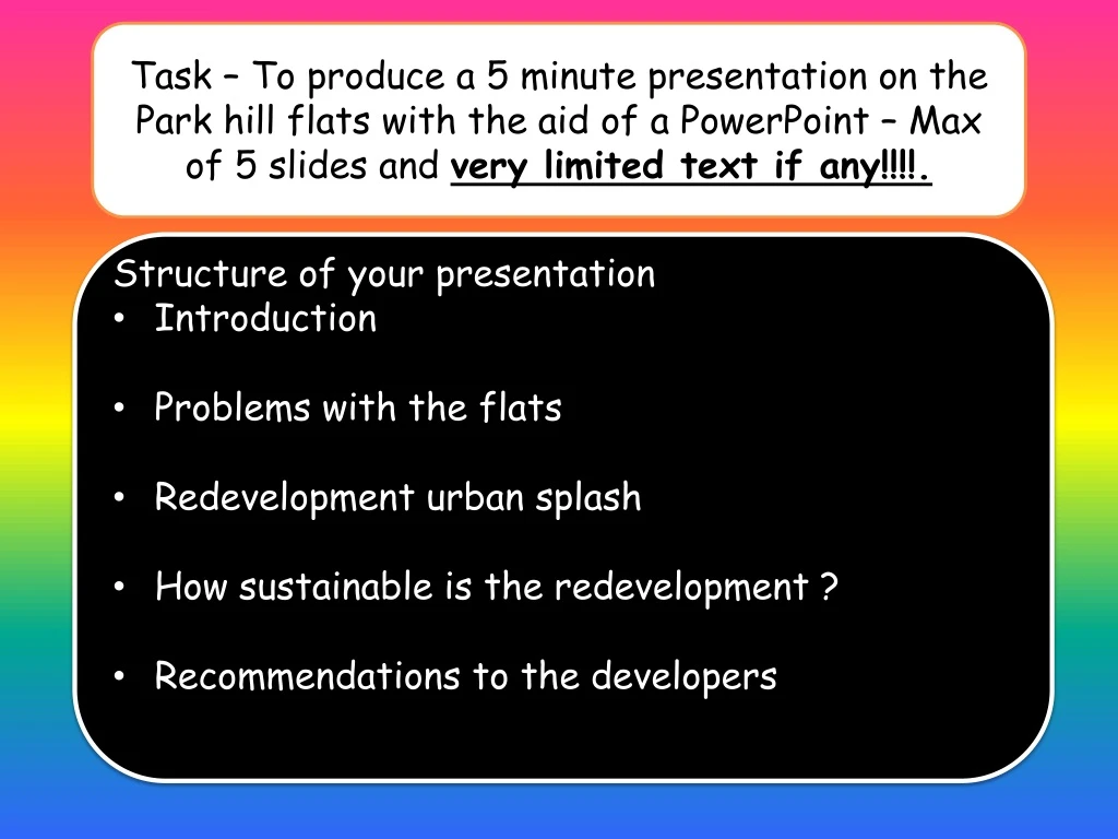 task to produce a 5 minute presentation