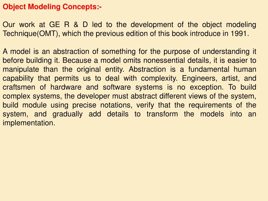 object modeling concepts our work