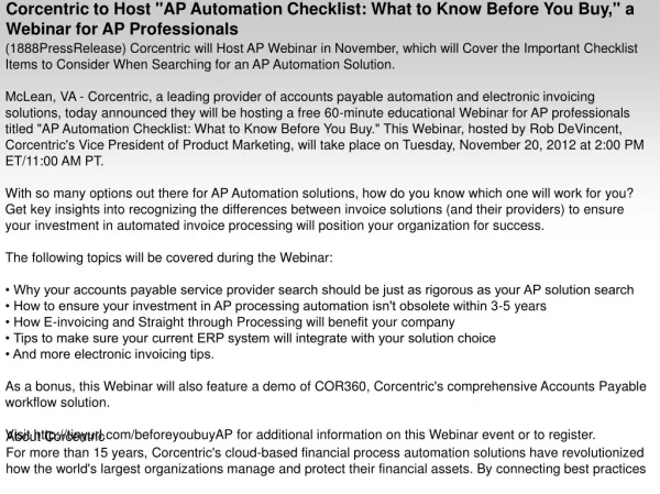 Corcentric to Host "AP Automation Checklist: What to Know Be