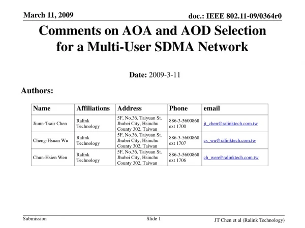 Comments on AOA and AOD Selection  for a Multi-User SDMA Network