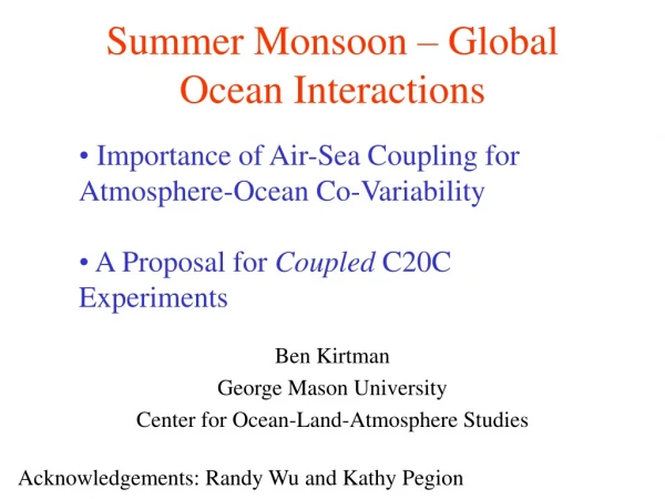 Summer Monsoon – Global Ocean Interactions
