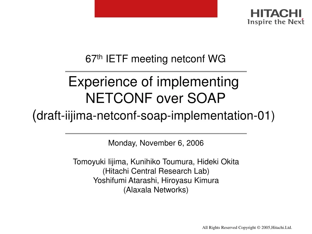 experience of implementing netconf over soap draft iijima netconf soap implementation 01