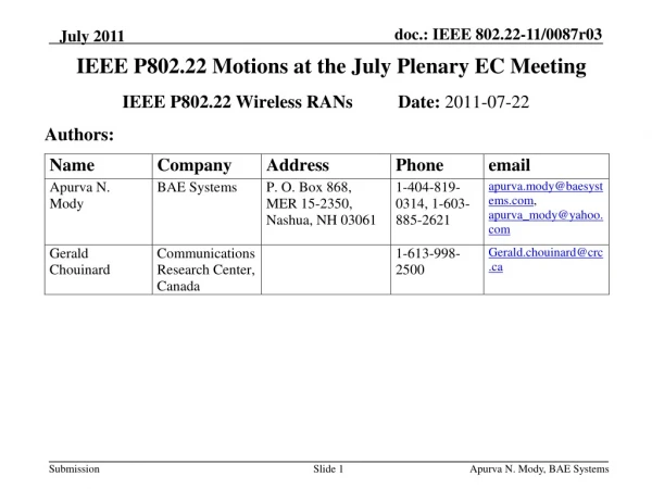 IEEE P802.22 Motions at the July Plenary EC Meeting