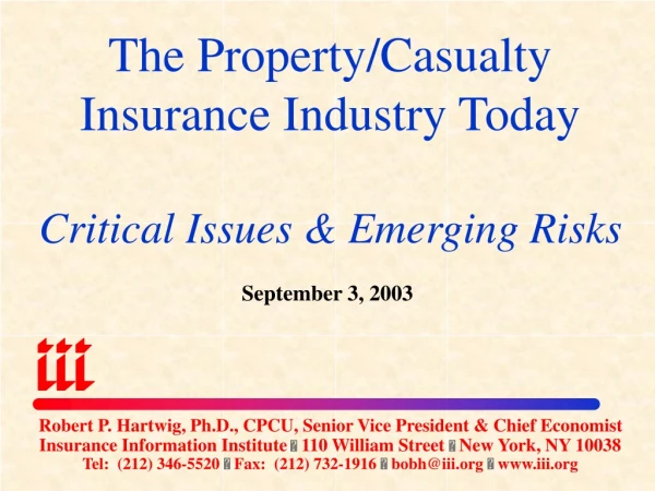 The Property/Casualty Insurance Industry Today  Critical Issues &amp; Emerging Risks