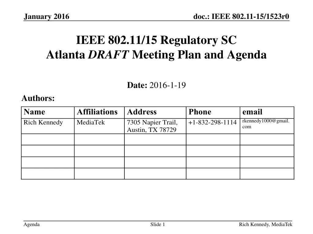 ieee 802 11 15 regulatory sc atlanta draft meeting plan and agenda