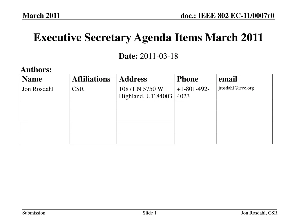 executive secretary agenda items march 2011