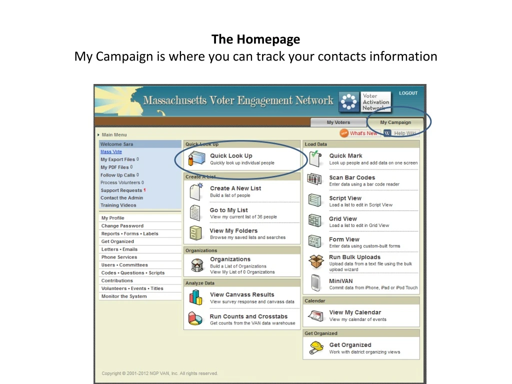 the homepage my campaign is where you can track your contacts information